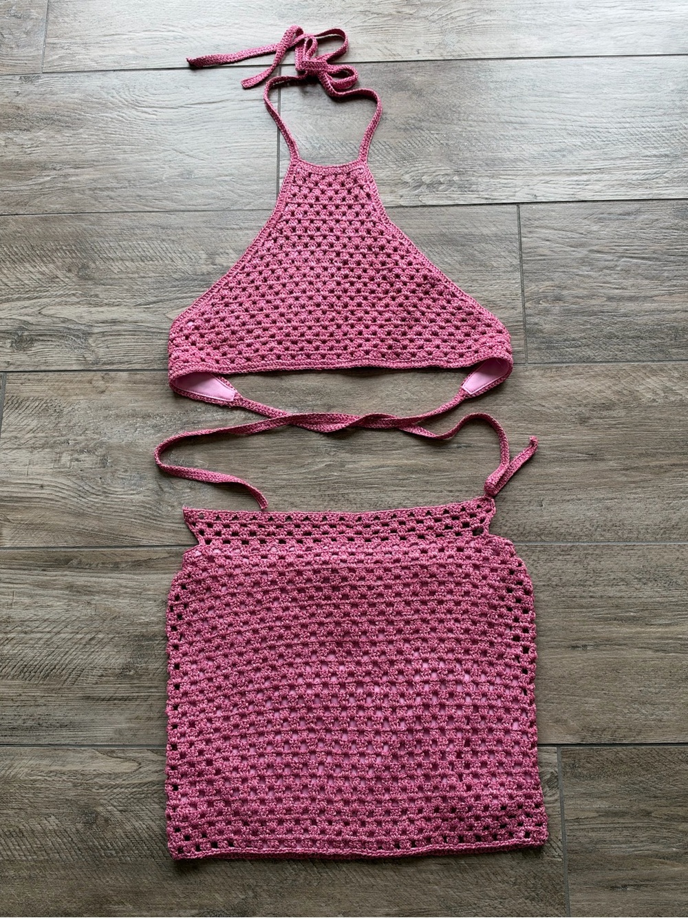 White Fox Boutique Rose Pink Crochet Halter Top & Skirt Set